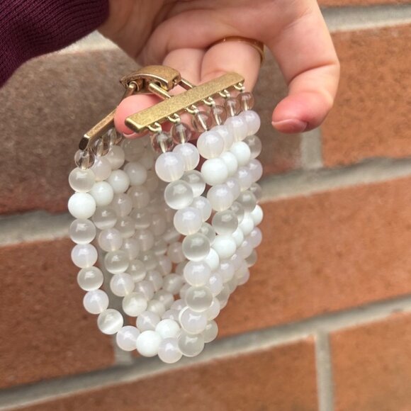 Vintage Bold Gold-Tone and White Beaded Moonstone Statement Bracelet - Picture 6 of 6